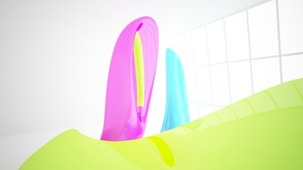 Abstract dynamic interior with colored gradient smooth objects. 3D illustration and rendering