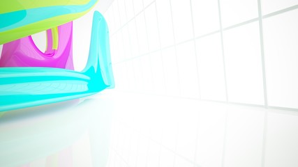 Abstract dynamic interior with colored gradient smooth objects. 3D illustration and rendering