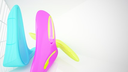 Abstract dynamic interior with colored gradient smooth objects. 3D illustration and rendering