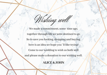 Wedding Well Wishes Card template. Geometric design in rose gold on the marble background. Advice for the Bride and Groom. Dimensions 5x3,5 inch. Seamless marble pattern in the palette.