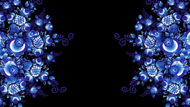 Animation of Russian Khokhloma. Khokhloma Russia of bright blue flowers on black background