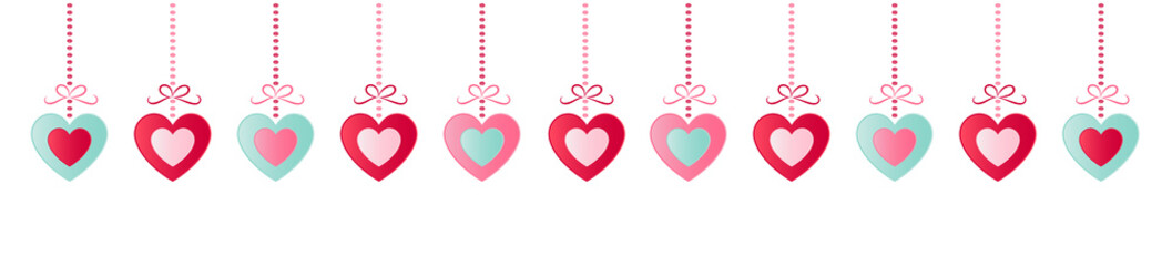 Panoramic header with hanging hearts isolated on white background. Valentine's Day, Mother's Day and Women's Day - decoration. Vector.
