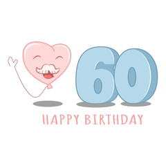 60th Happy birthday template element for design greeting cards, invitations. Cartoon illustration of a balloon character and numbers. Anniversary birthdays vector icon.