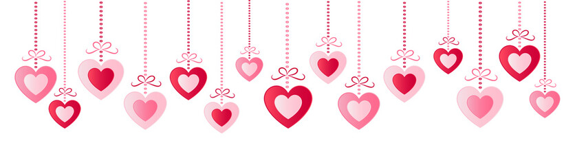 Panoramic header with hanging hearts isolated on white background. Valentine's Day, Mother's Day and Women's Day - decoration. Vector.