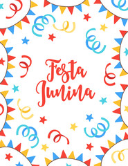 Festa Junina greeting card with ribbons, garlands and stars