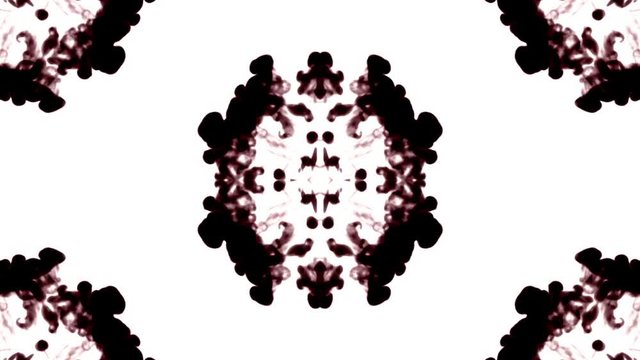 black ink dissolves in water on white background with luma matte. 3d render of computer simulation. V5 kaleidoscope effect