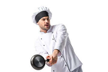 portrait of young chef with frying pan isolated on white
