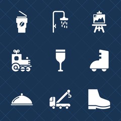 Premium set with fill icons. Such as sport, locomotive, fashion, coffee, hot, art, artist, bathroom, drink, cup, footwear, cappuccino, train, paintbrush, away, transport, sign, alcohol, railway, bath