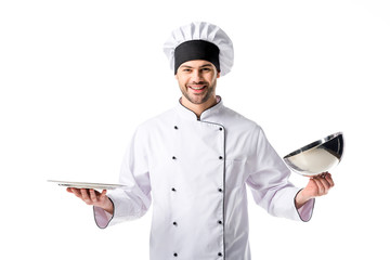 portrait of smiling chef with empty serving tray isolated on white