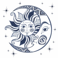 The moon and the sun. Ancient astrological symbol. Engraving. Boho Style. Ethnic. The symbol of the zodiac. Mystical. Vector.