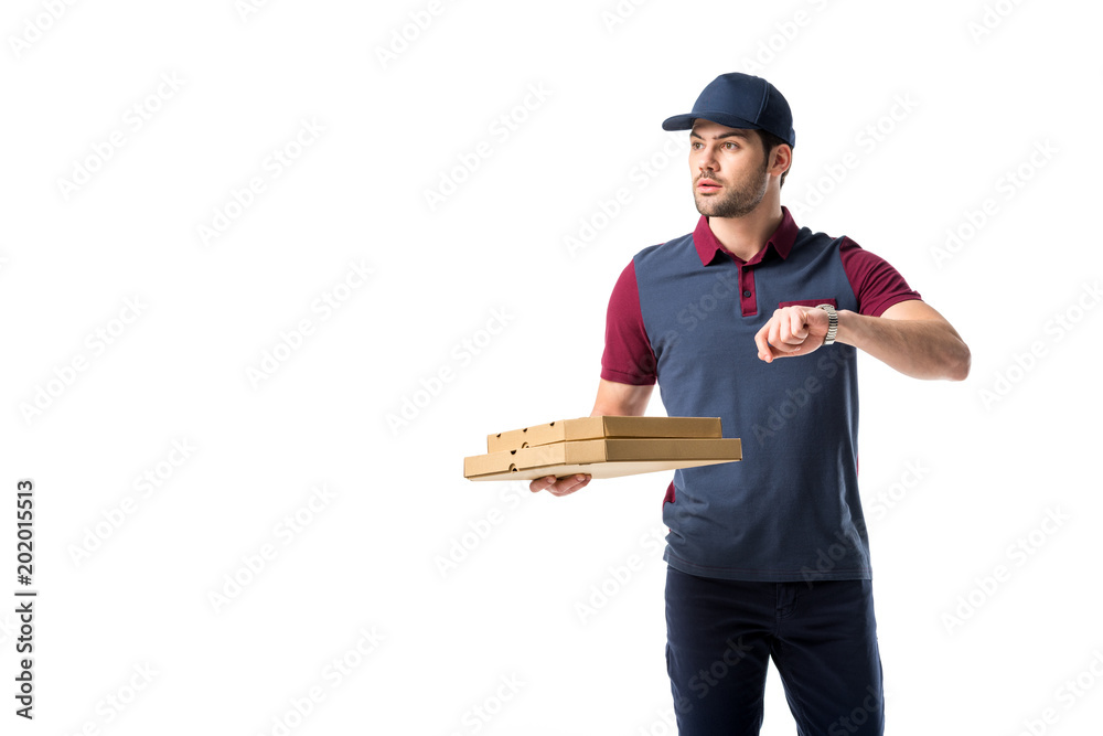 Wall mural portrait of late delivery man with cardboard pizza boxes isolated on white