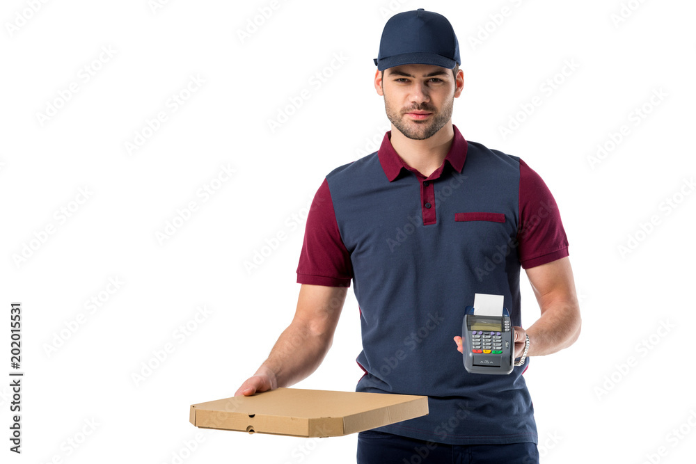 Wall mural delivery man with cardboard pizza box and cardkey reader in hands isolated on white