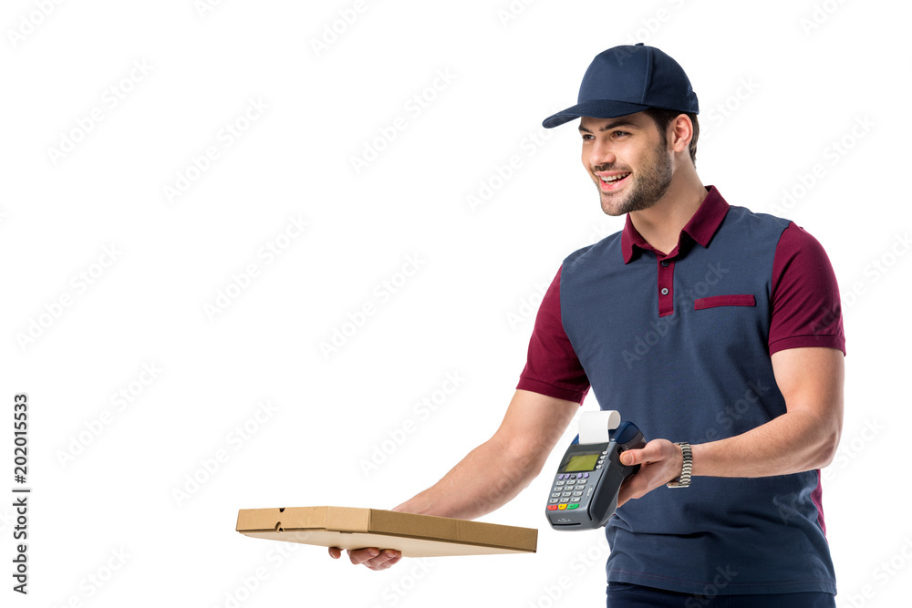 Wall mural delivery man with cardboard pizza box and cardkey reader in hands isolated on white