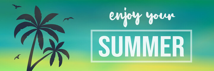 Enjoy summer- multicoloured banner with tropical palms. Vector.