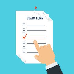 Template of claim form. Flat vector cartoon illustration. Objects isolated on white background.