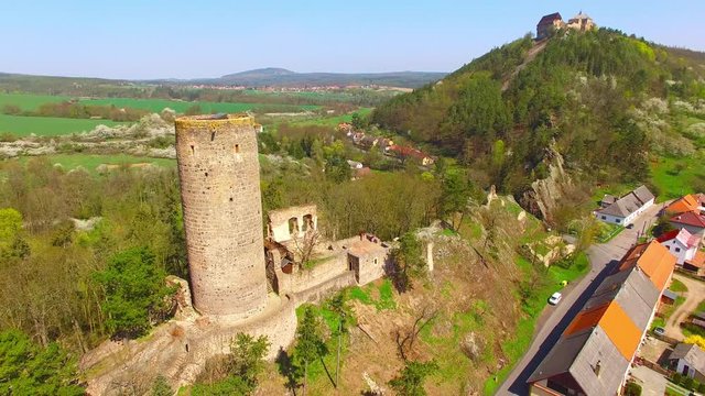 Aerial view of Zebrak Castle. A ruin of a Gothic castle originated in the 13th century. Since 1336 a royal castle, enlarged by Kings Charles IV. Czech famous monument from above.