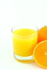 glass of orange juice and fresh orange fruits isolated on a white background with copy space