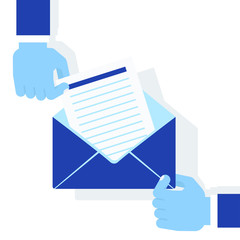 Hands holding envelope with letter. Flat vector cartoon illustration. Objects isolated on a blue background.