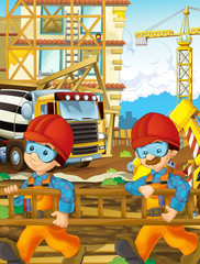 Fototapeta na wymiar cartoon scene with workers on construction site - builders doing different things - illustration for children