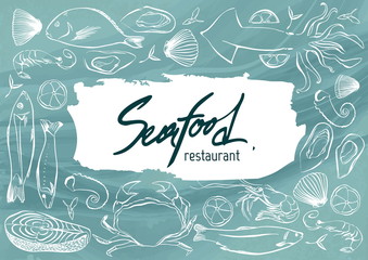 Fototapety  Seafood restaurant. Hand drawn illustration. Template design can be used for meny, banner, flyer, card, poster.