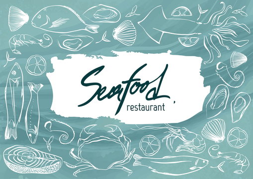 Seafood restaurant. Hand drawn illustration. Template design can be used for meny, banner, flyer, card, poster.