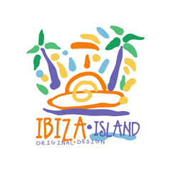 Ibiza island logo template original design, exotic summer holiday badge, label for a travel agency, element for design element for banner, poster, flyer, advertising hand drawn vector Illustration