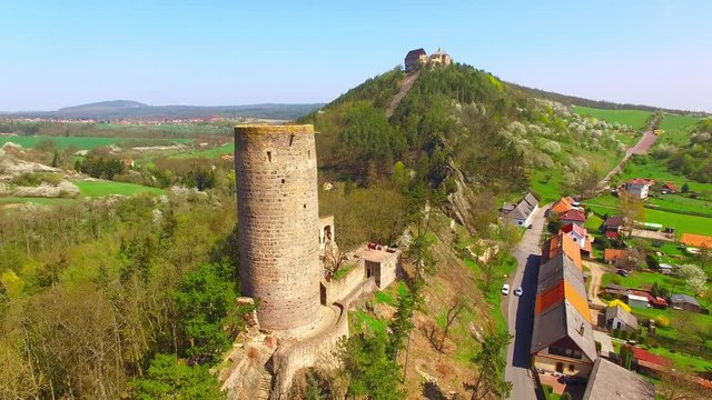 Aerial view of Zebrak Castle. A ruin of a Gothic castle originated in the 13th century. Since 1336 a royal castle, enlarged by Kings Charles IV. Czech famous monument from above.