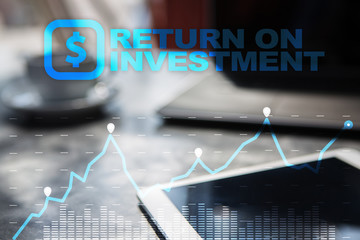 ROI, Return on investment business and technology concept. Virtual screen background.