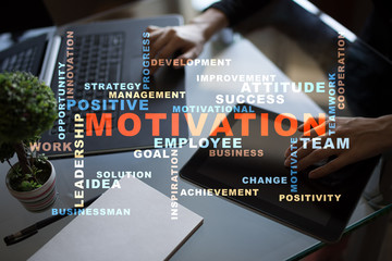 Motivation concept on the virtual screen. Words cloud.