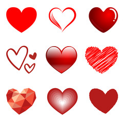 9 Hearts Style Vector Set iSolated on White Background. Line, Shape, etc.