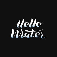 Fototapeta premium Hello winter, phrase, lettering, white on black. Winter logos and emblems for invitations, greeting cards, print. Vector illustration