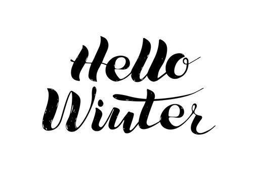 Hello winter, a phrase, lettering. Winter logo or emblem isolated on white Vector illustration