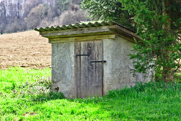 Fototapeta na wymiar Kleines Steinhaus auf einer Wiese