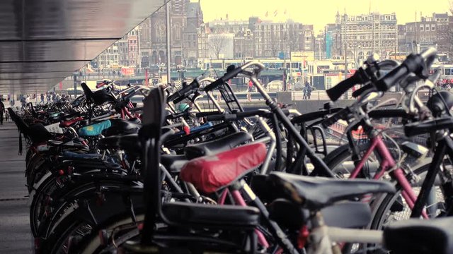 AMSTERDAM, NETHERLANDS - MARCH 27: bike parking at the Amsterdam Centraal railway station
