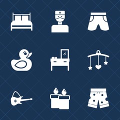 Premium set with fill icons. Such as decoration, cabinet, mattress, play, candle, care, cute, pillow, stethoscope, bath, bird, musical, fashion, white, medical, toy, shorts, furniture, night, wear - obrazy, fototapety, plakaty
