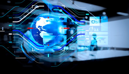 Naklejka premium businessman hand showing texture the world with digital social media network diagram concept