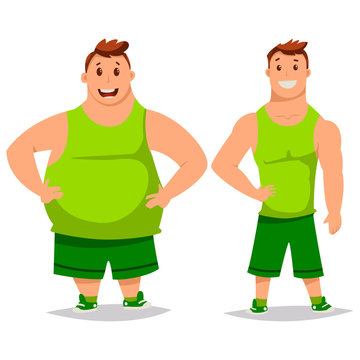 Fat and slim man before and after weight loss. Diet and fitness. Cartoon vector illustration on a white background.