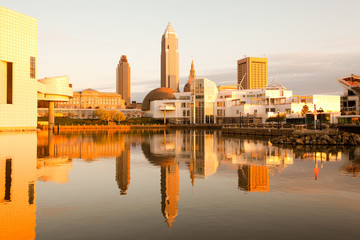 Skyline of downtown Cleveland from the harbor, Ohio, USA