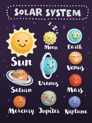 Vector illustration of cute cartoon solar system on white isolated background. Cute planets with funny smiling faces planet and moon and sun set and hand drawn lettering names
