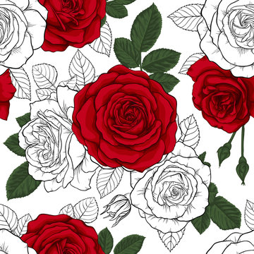 beautiful vintage seamless pattern with red, black and white roses. design greeting card and invitation of the wedding, birthday, Valentine s Day, mother s day and other holiday.