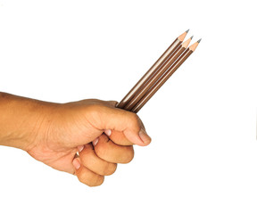 hand holding a three pencil  on white background.