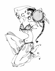 Dance with a tambourine . Oriental dance. Dancer. Ethnic. Belly dance. Sketch. Coloring. Vector.