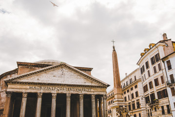 Fototapeta na wymiar bottom view of Pantheon and obelisk in Rome, Italy