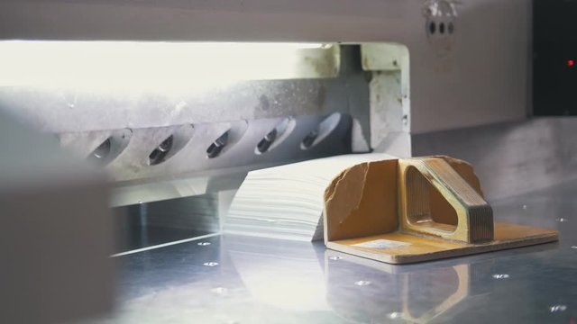 Hands of worker takes away reams of paper from cutting maschine