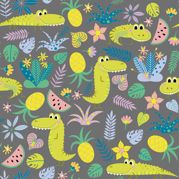 Kids seamless background with funny crocodiles