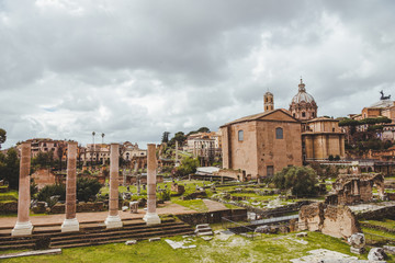 Fototapeta na wymiar beautiful roman forum ruins on cloudy day, Rome, Italy