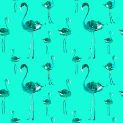 Hand Drawn Illustration With Flamingo. Exotic Summer Beach Motif. Swimwear Design, Wrapping, Background, Wallpaper, Fabric. Hawaiian Print. Jungle Birds Repeated Ornament. Aloha. Boho. Africa.