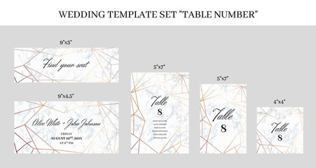 Wedding template set Table Number cards. White marble background and rose gold geometric pattern. Printable size. - 202031389