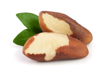Brazil nuts with leaves isolated on white background closeup. Full depth of field