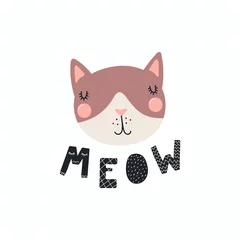 Foto op Aluminium Hand drawn vector illustration of a cute funny cat face, with lettering quote Meow. Isolated objects. Scandinavian style flat design. Concept for children print. © Maria Skrigan